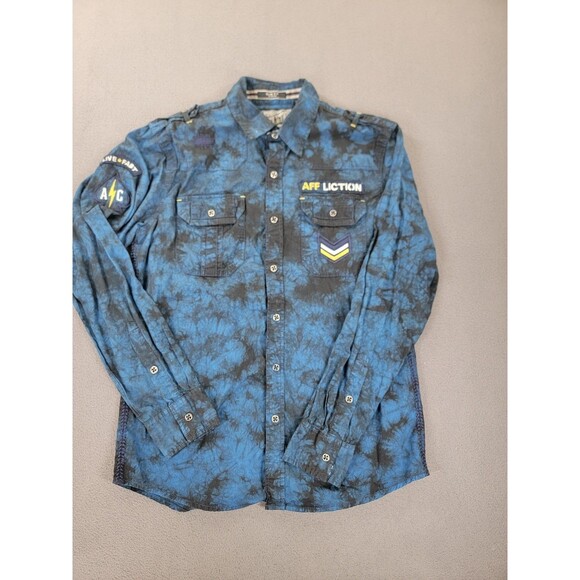 Affliction Shirt Mens Large Blue Black Slim Fit Button Down Skull 73rd Airborne - Picture 1 of 16